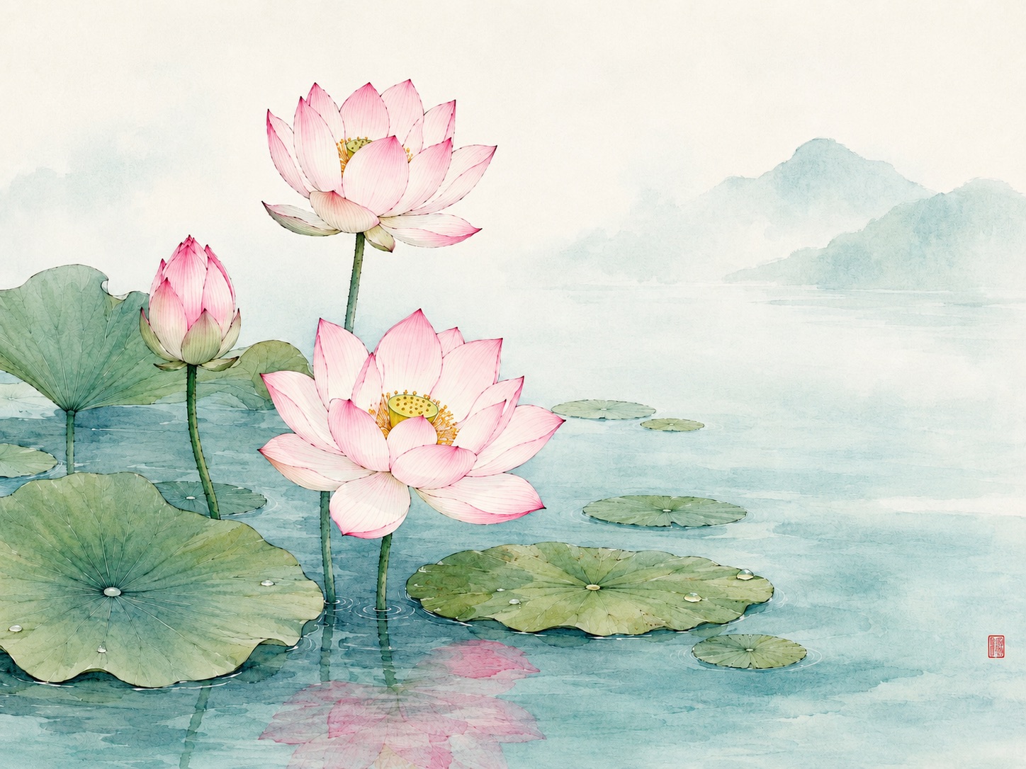 A watercolour lotus pond in full colour