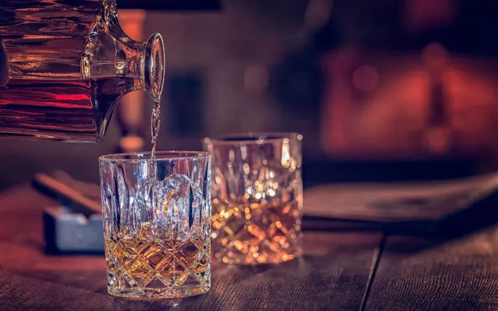 Whisky being poured from a decanter into a cut-glass tumbler in warm dim light