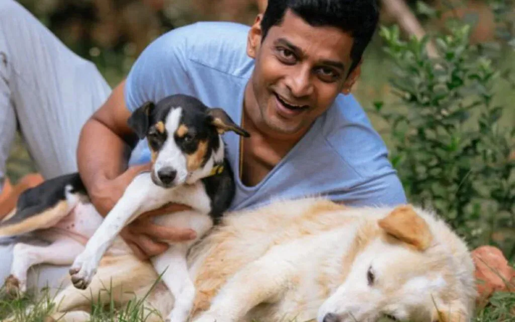 Smiling man in a blue t-shirt cradling a black and white puppy beside an older cream dog