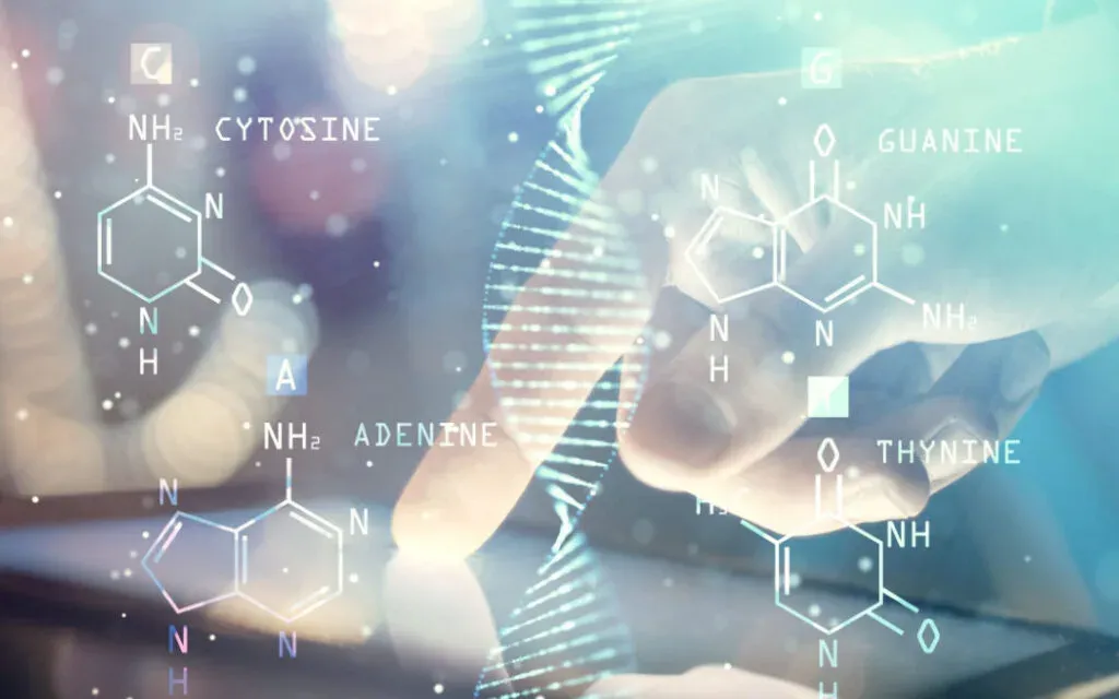 Hand touching a tablet overlaid with a DNA helix and chemical diagrams of the four DNA bases