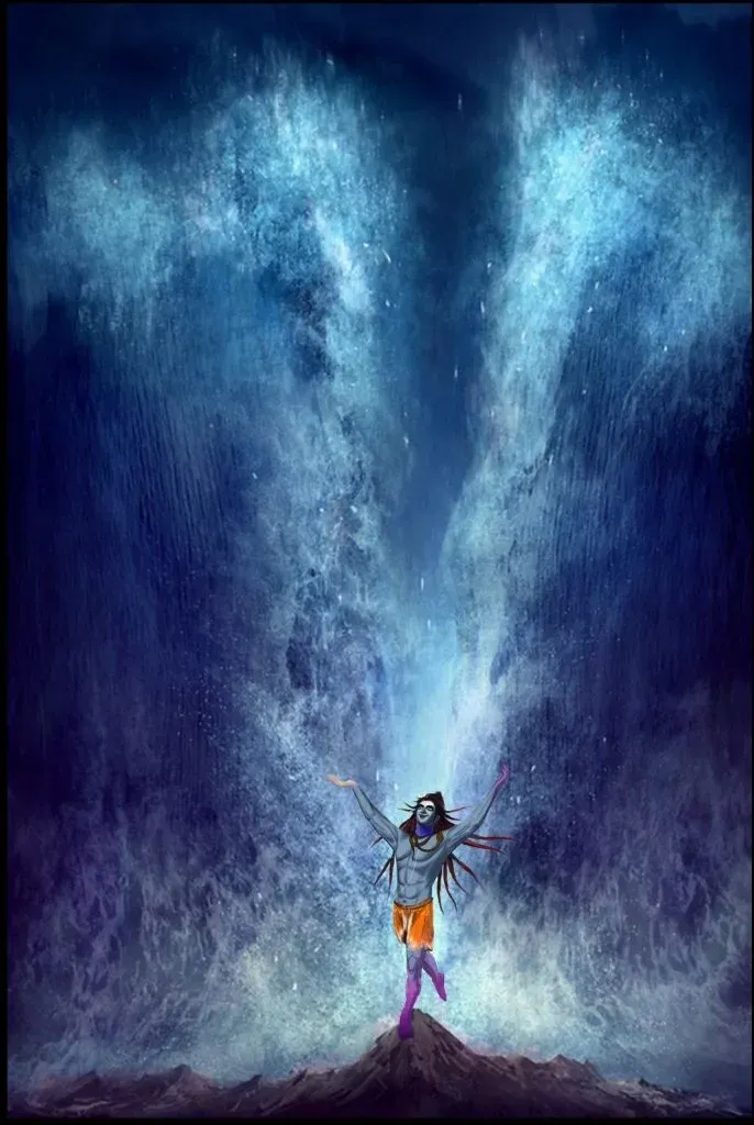 Painting of Lord Shiva catching the river Ganga descending as a vast torrent from the sky