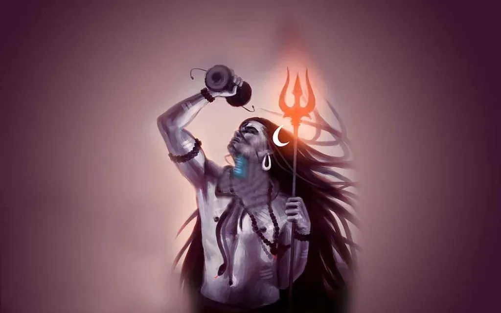 Painting of Lord Shiva with blue throat, holding a glowing trident and drinking from a pot