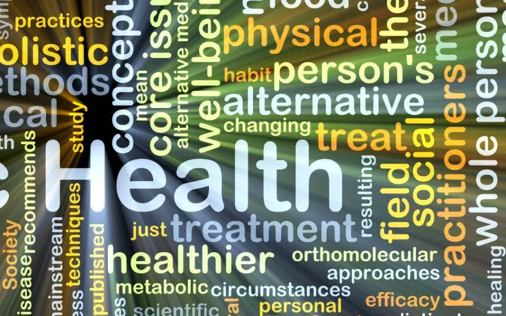 Word cloud graphic with Health at the centre surrounded by wellbeing and treatment terms