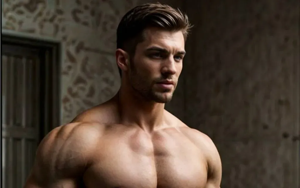 Muscular shirtless man with a beard looking to one side against a stone wall