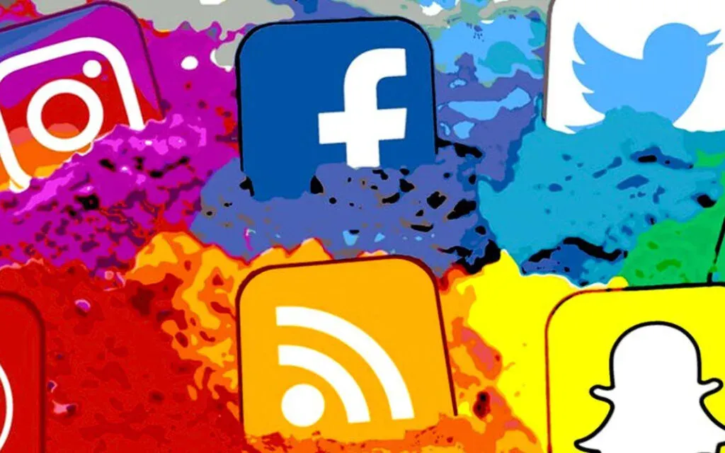 Social media app icons for Instagram, Facebook, Twitter and Snapchat over splashy colourful paint