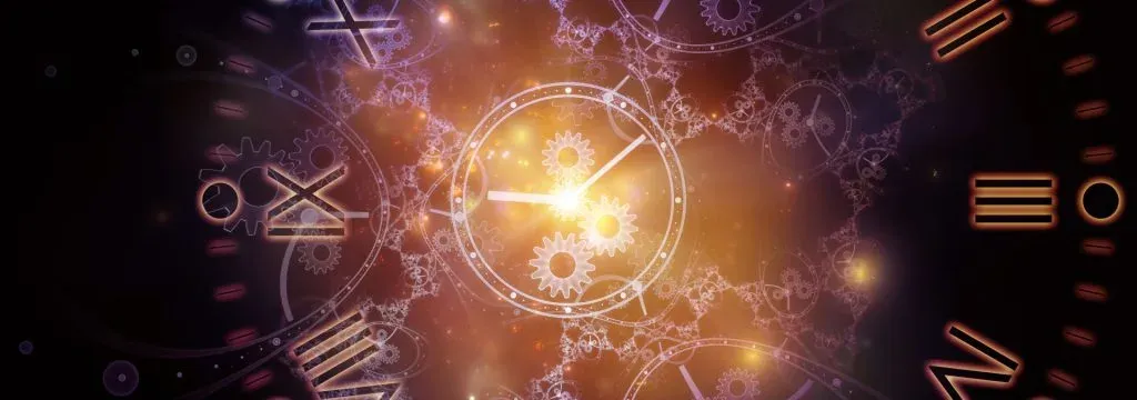 Abstract glowing clockwork of gears and clock faces against a dark starry background