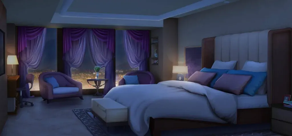 Dimly lit bedroom at night with a large made bed and city lights beyond the windows
