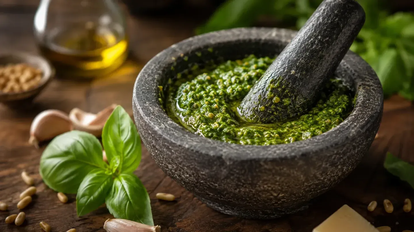 stone mortar green pesto pestle basil