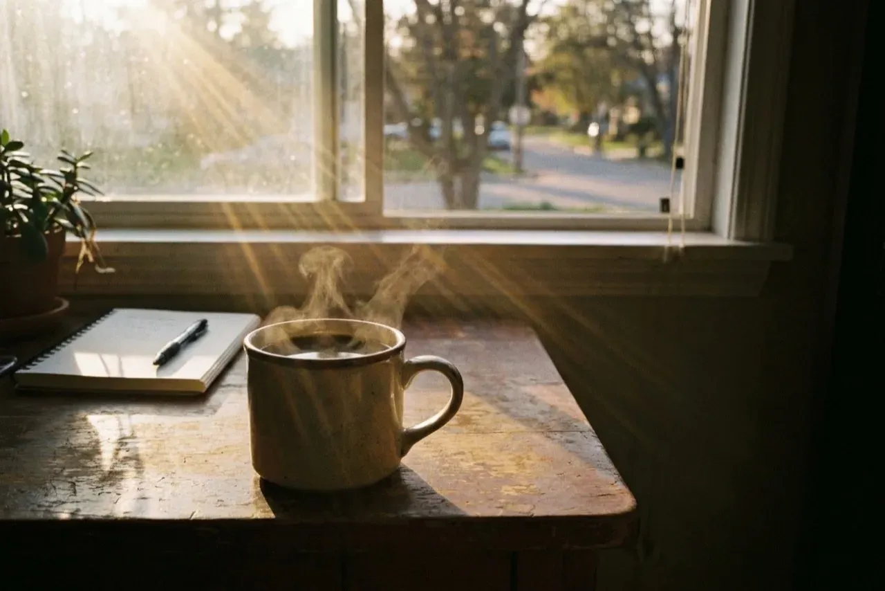 A steaming mug on a worn wooden windowsill with a notebook, pen and plant in morning light