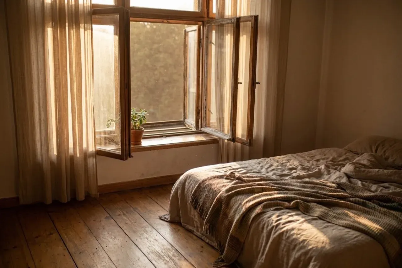 Warm evening light through an open window falling across a rumpled bed and wooden floor