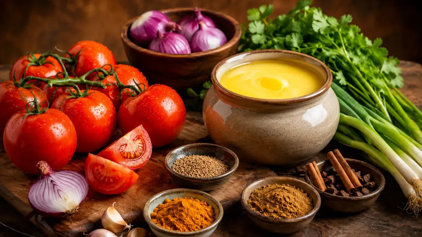 vine tomatoes red onions ghee pot