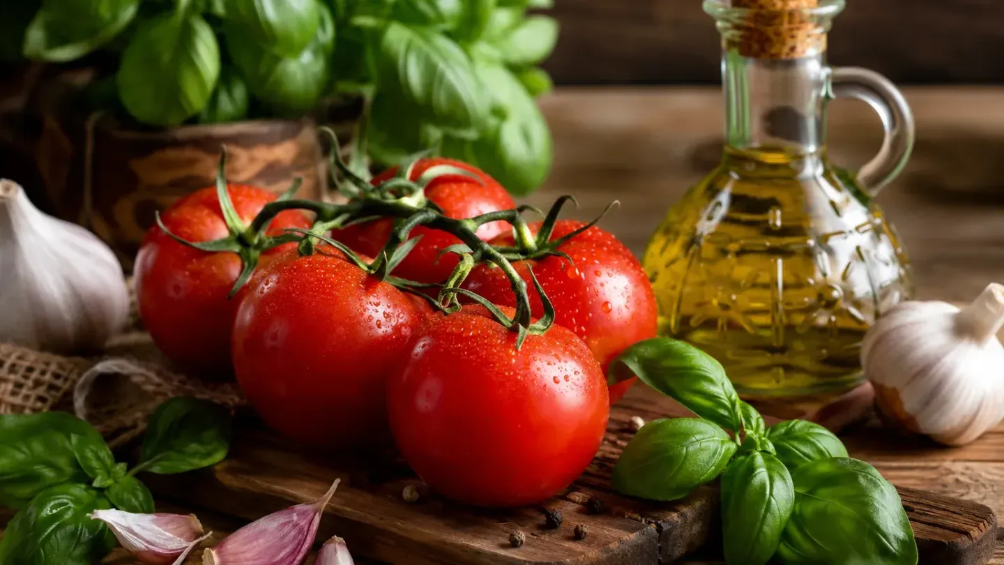 vine tomatoes wooden board basil garlic