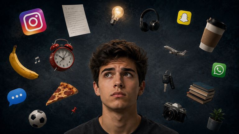 Overthinking guy with thoughts as icons around him