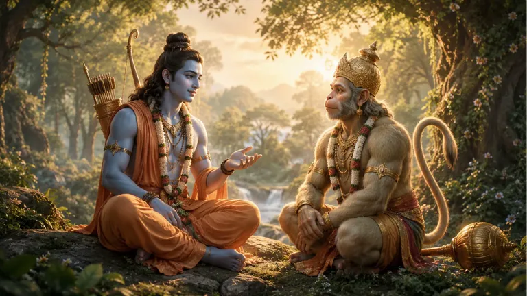 Lord Rama and Hanuman seated together in a forest at sunset, in conversation