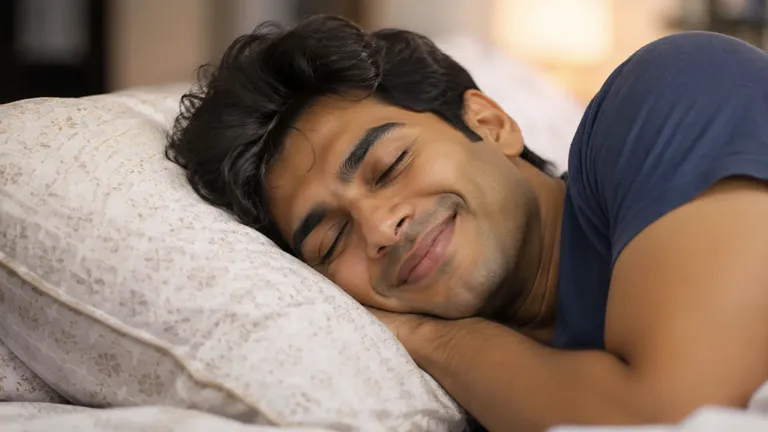 A man asleep on a pillow with a faint smile