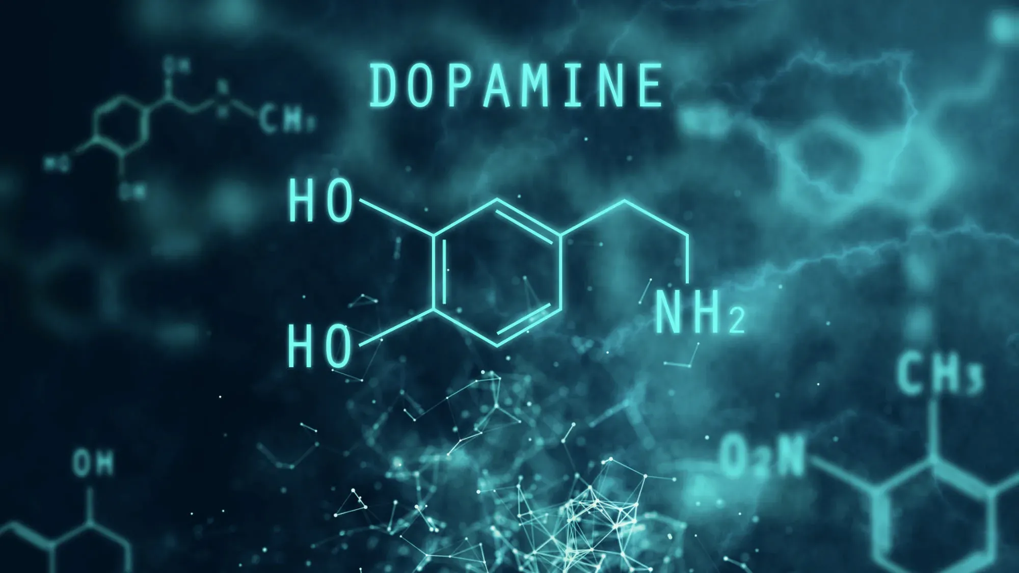 The chemical structure of dopamine drawn in glowing teal lines