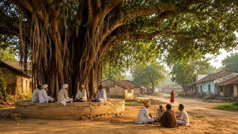 Village elders sitting and talking under a banyan tree in the early morning