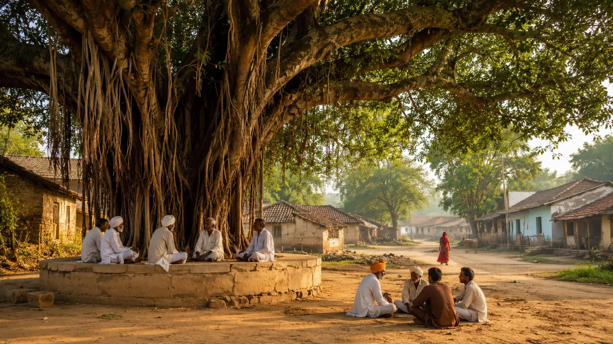 Village elders sitting and talking under a banyan tree in the early morning