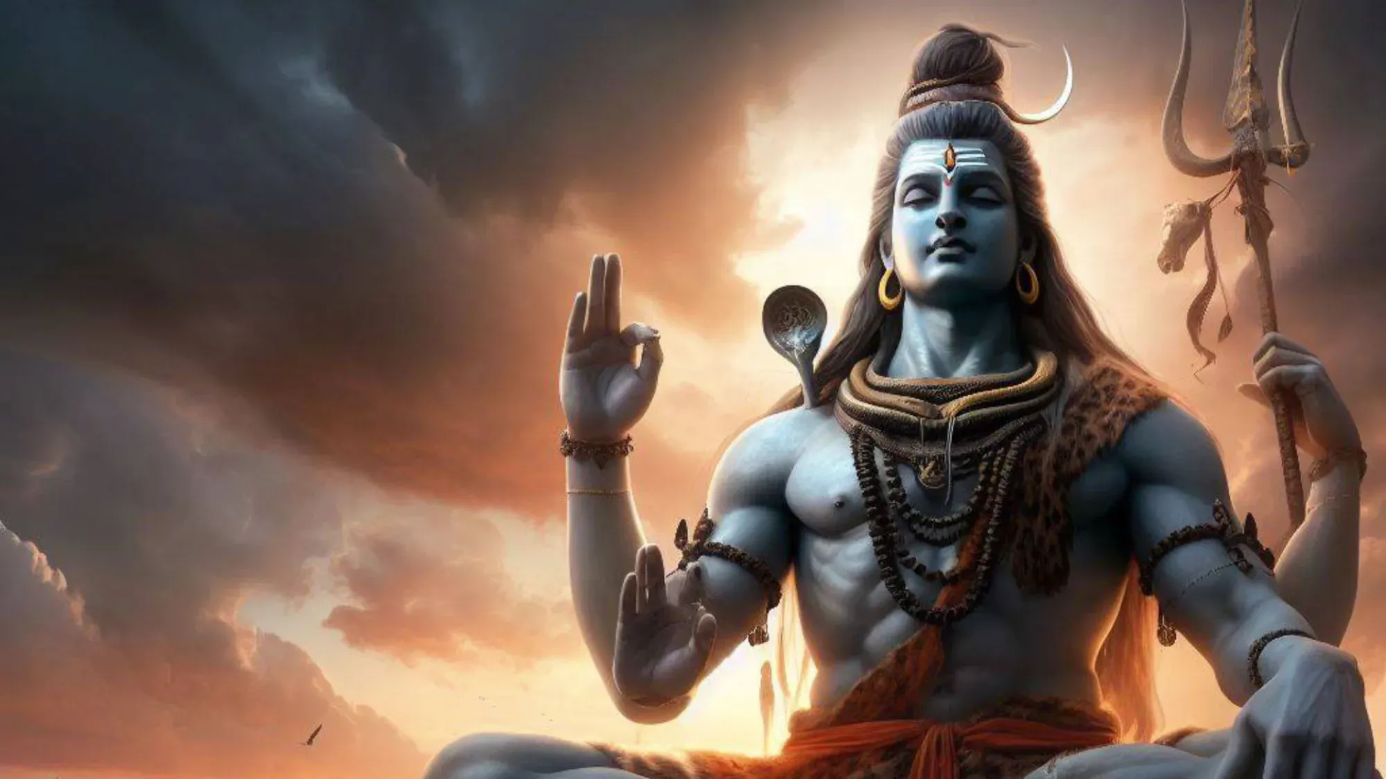 Lord Shiva seated in meditation against a burning orange sky, trident in hand