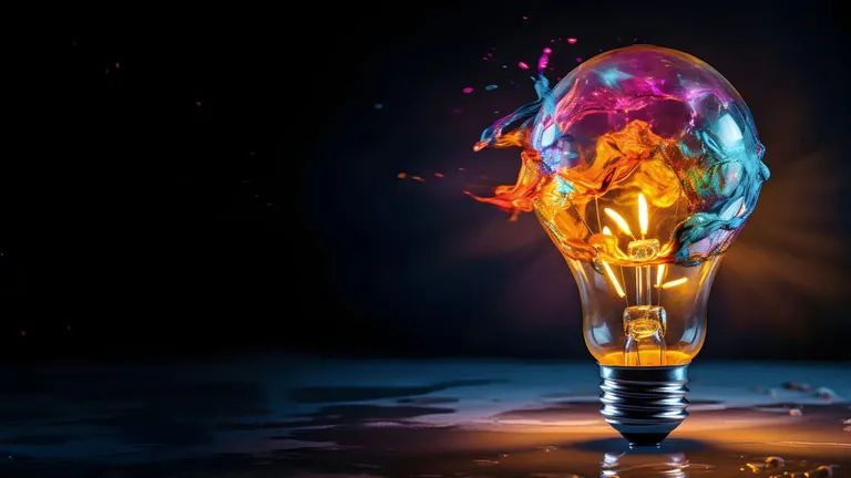 A lit bulb with colour bursting out of the top of it against a dark background