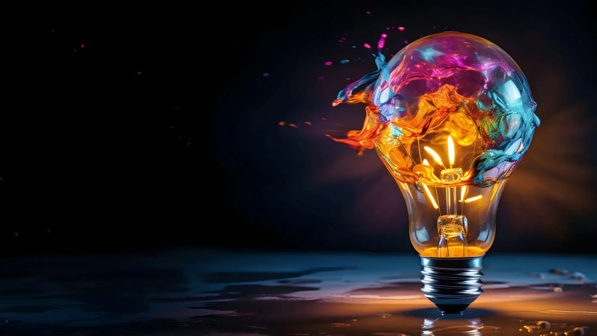 A lit bulb with colour bursting out of the top of it against a dark background