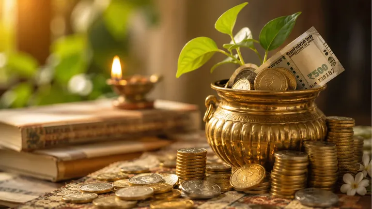 A brass pot of coins and a five hundred rupee note, with a diya burning behind it