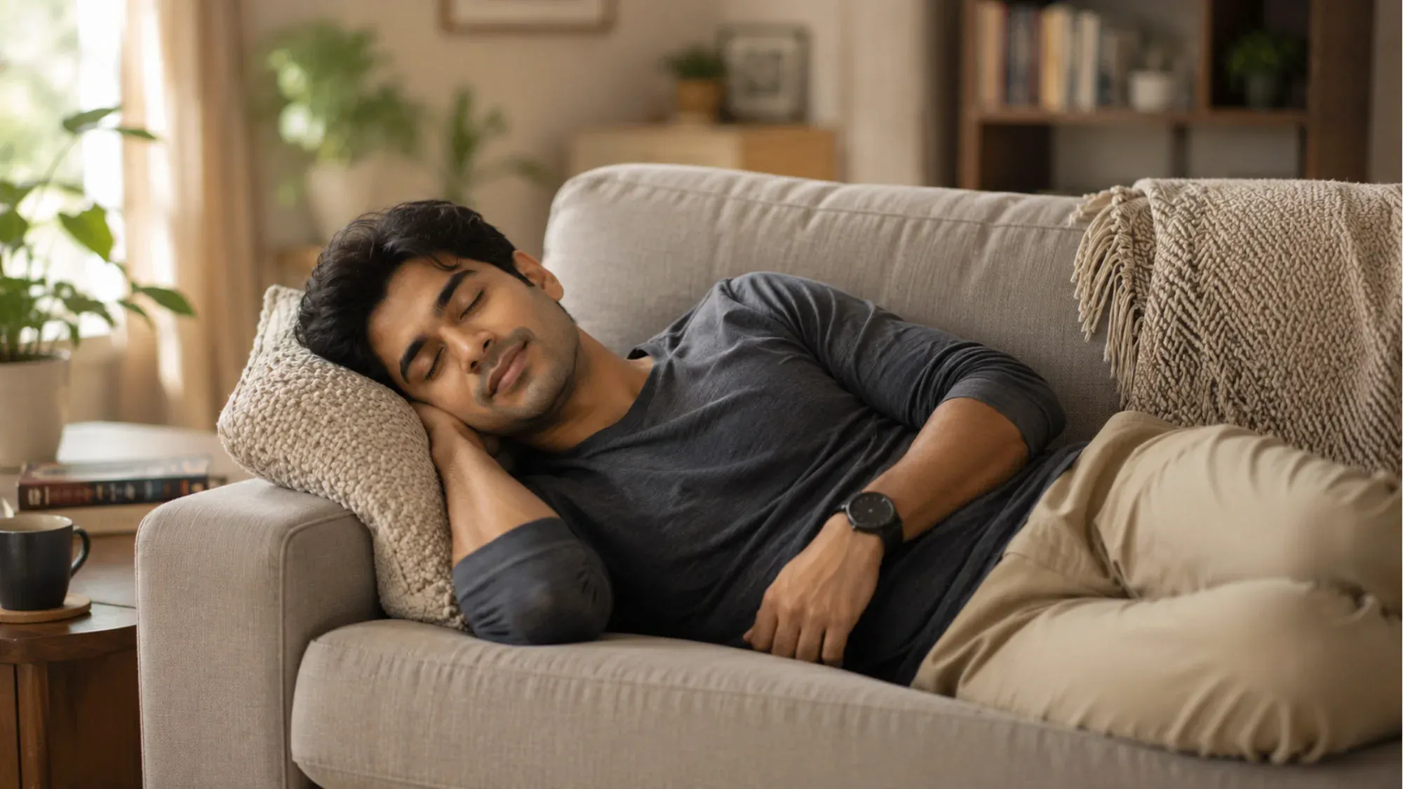 A man asleep on a sofa in the afternoon, a mug on the table beside him