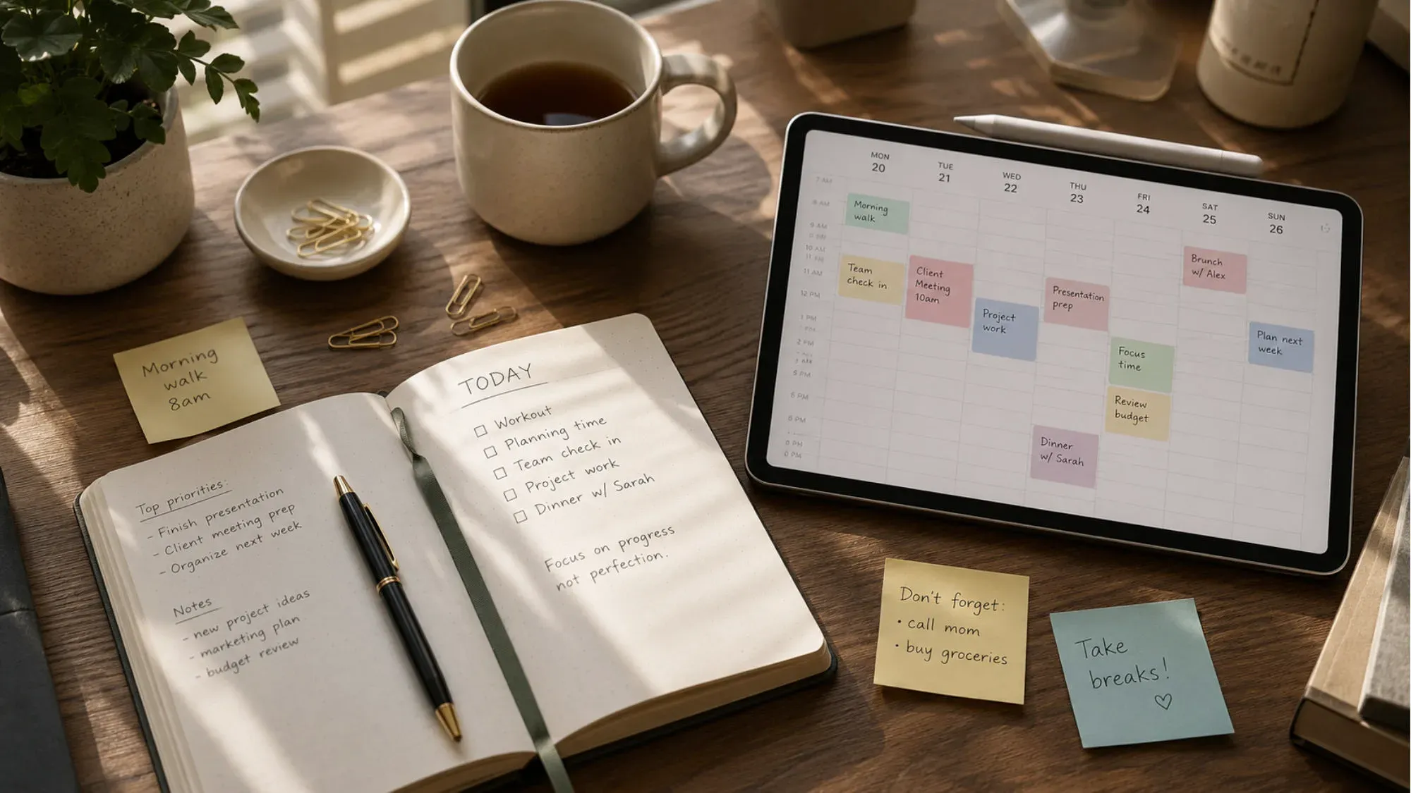 A desk with an open notebook, a week planner on a tablet, and sticky notes