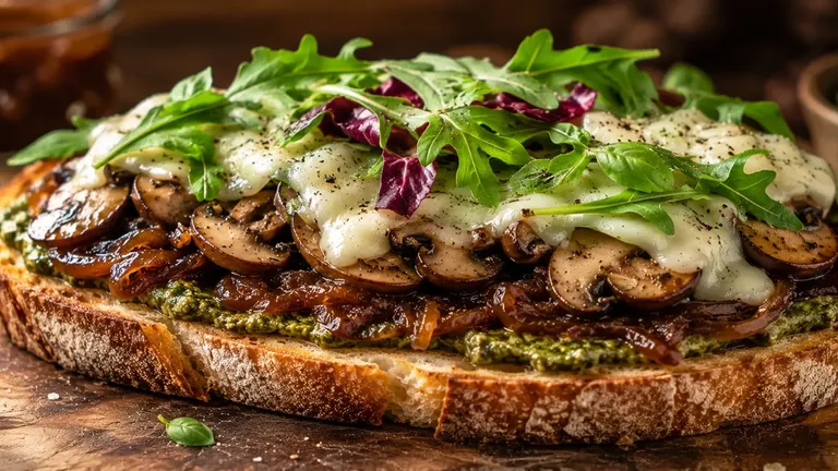 sourdough slice topped pesto caramelised onions cover