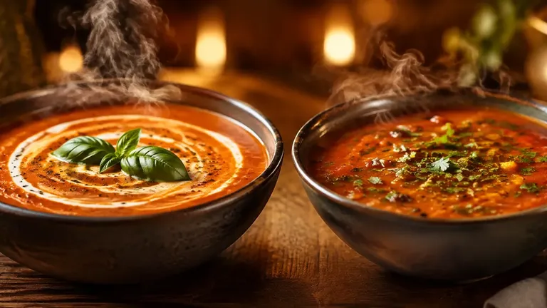 two steaming bowls tomato soup wood cover