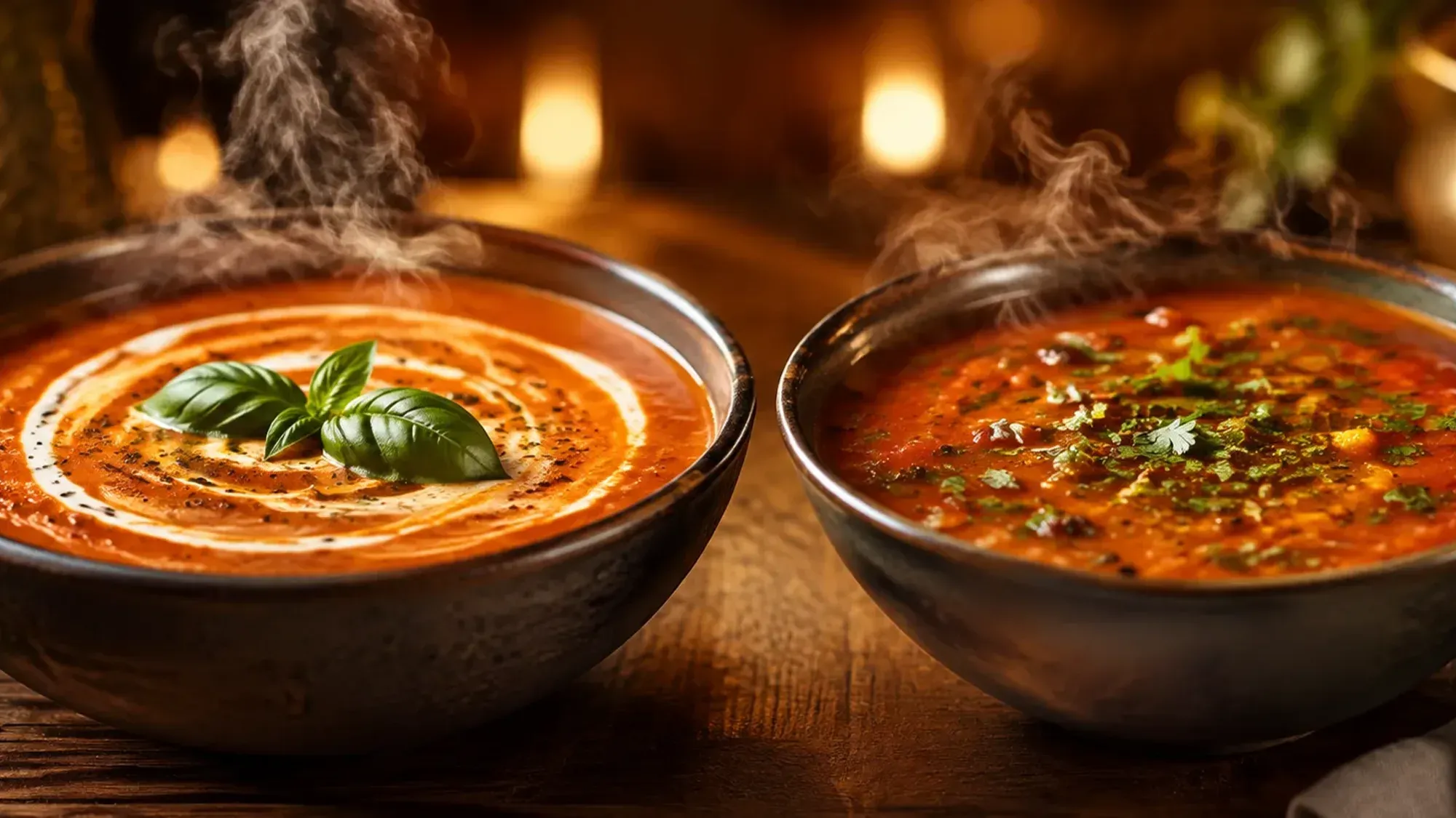 two steaming bowls tomato soup wood cover