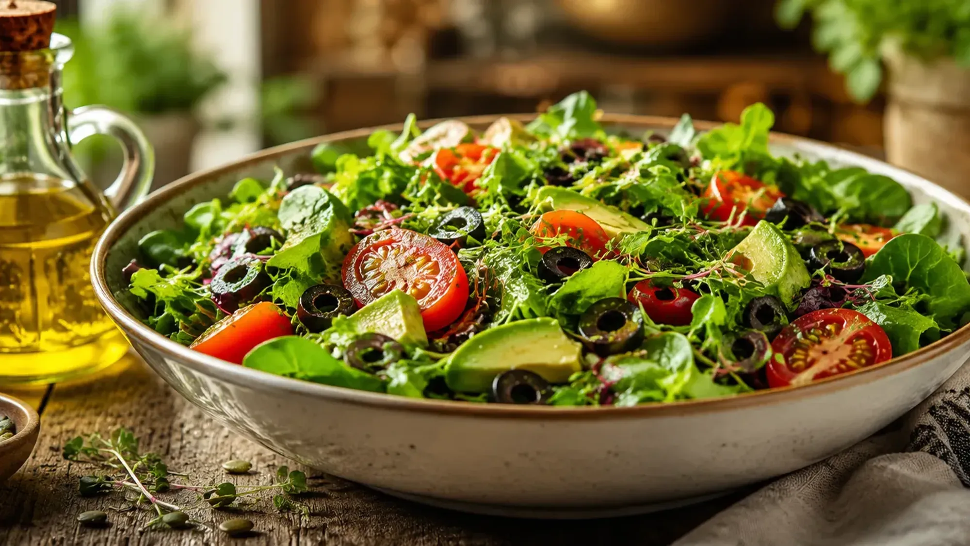 white bowl green salad tomatoes olives cover