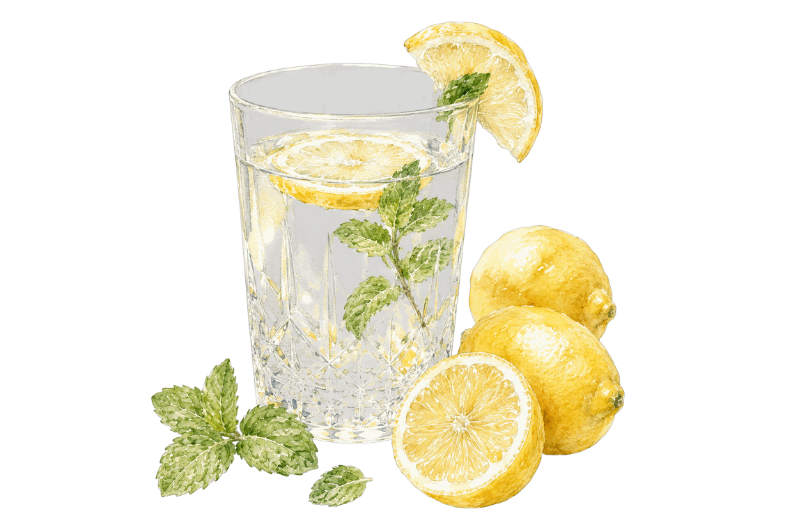 A watercolour glass of lemon and mint water