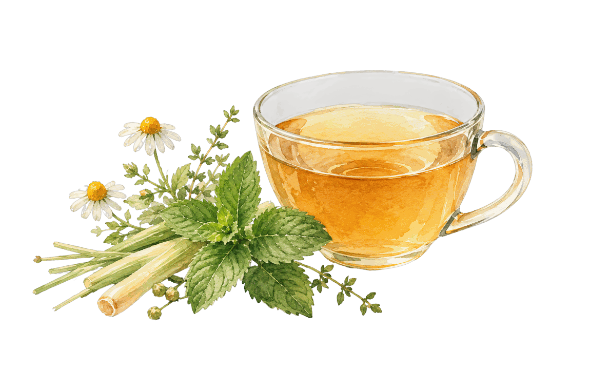 A watercolour cup of herbal tea with mint, chamomile and lemongrass