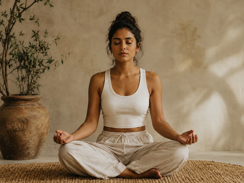A woman meditating cross-legged in soft morning light
