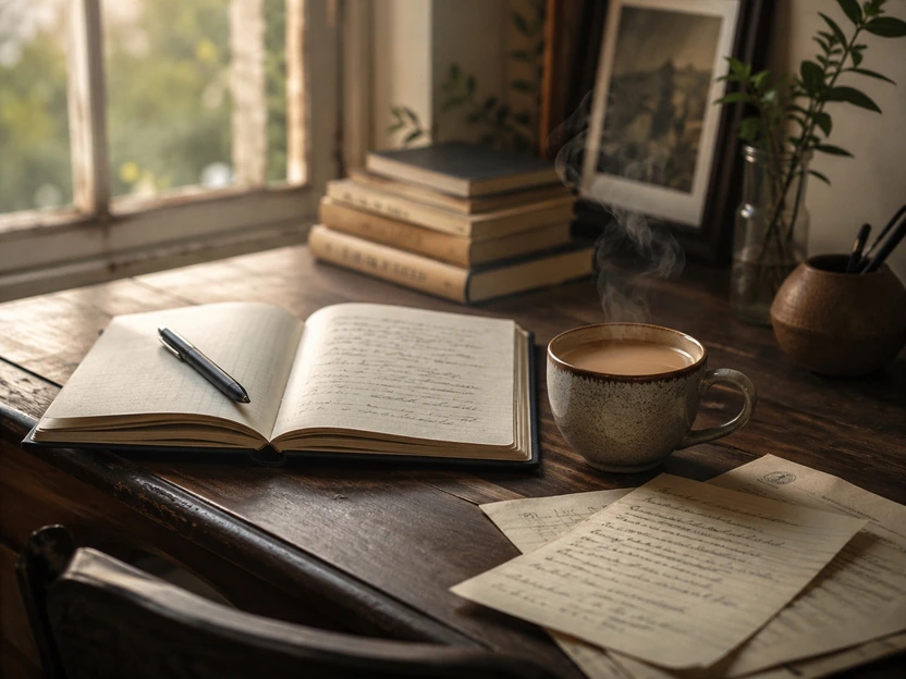 An open notebook, a pen and a cup of chai on a writing desk
