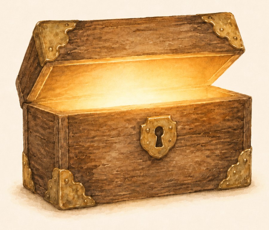 A small wooden box, its lid open on a warm glow within
