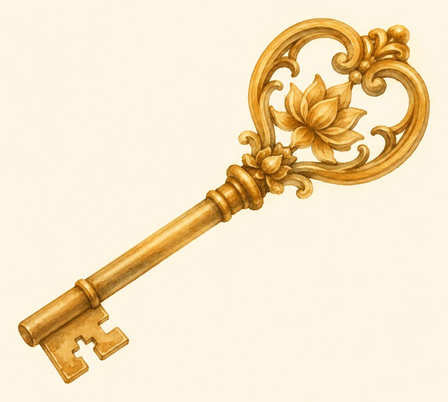 An ornate golden key with a lotus at its bow
