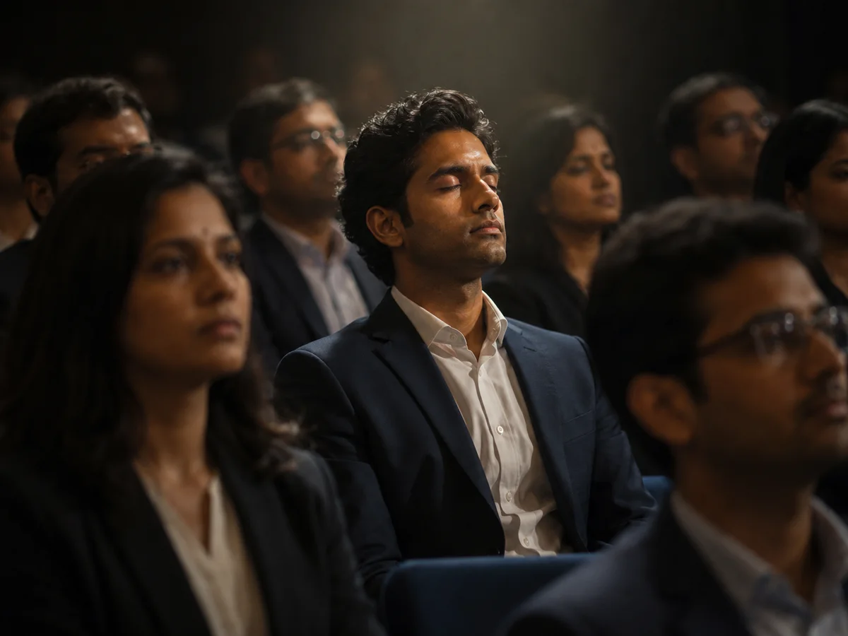 A professional in an audience, eyes closed in focus