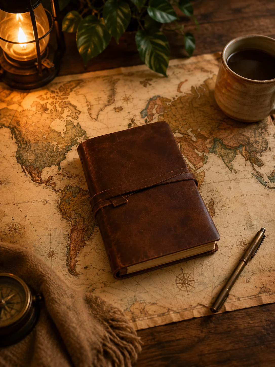 Travel books and a memoir beside a map