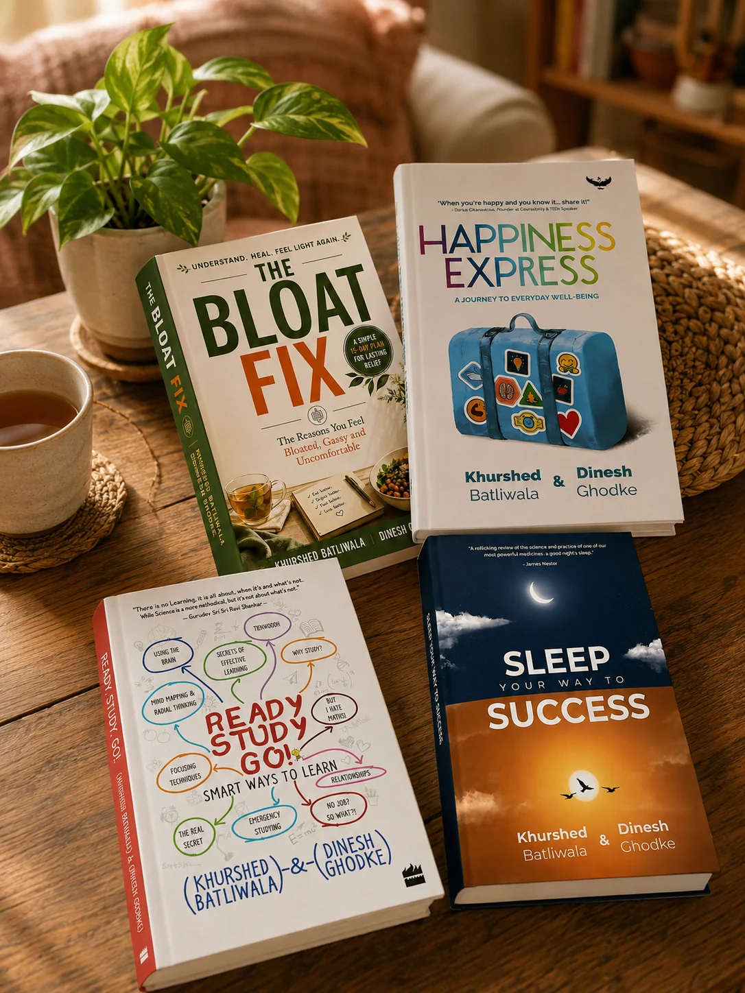 A shelf of books written by Bawa and Dinesh