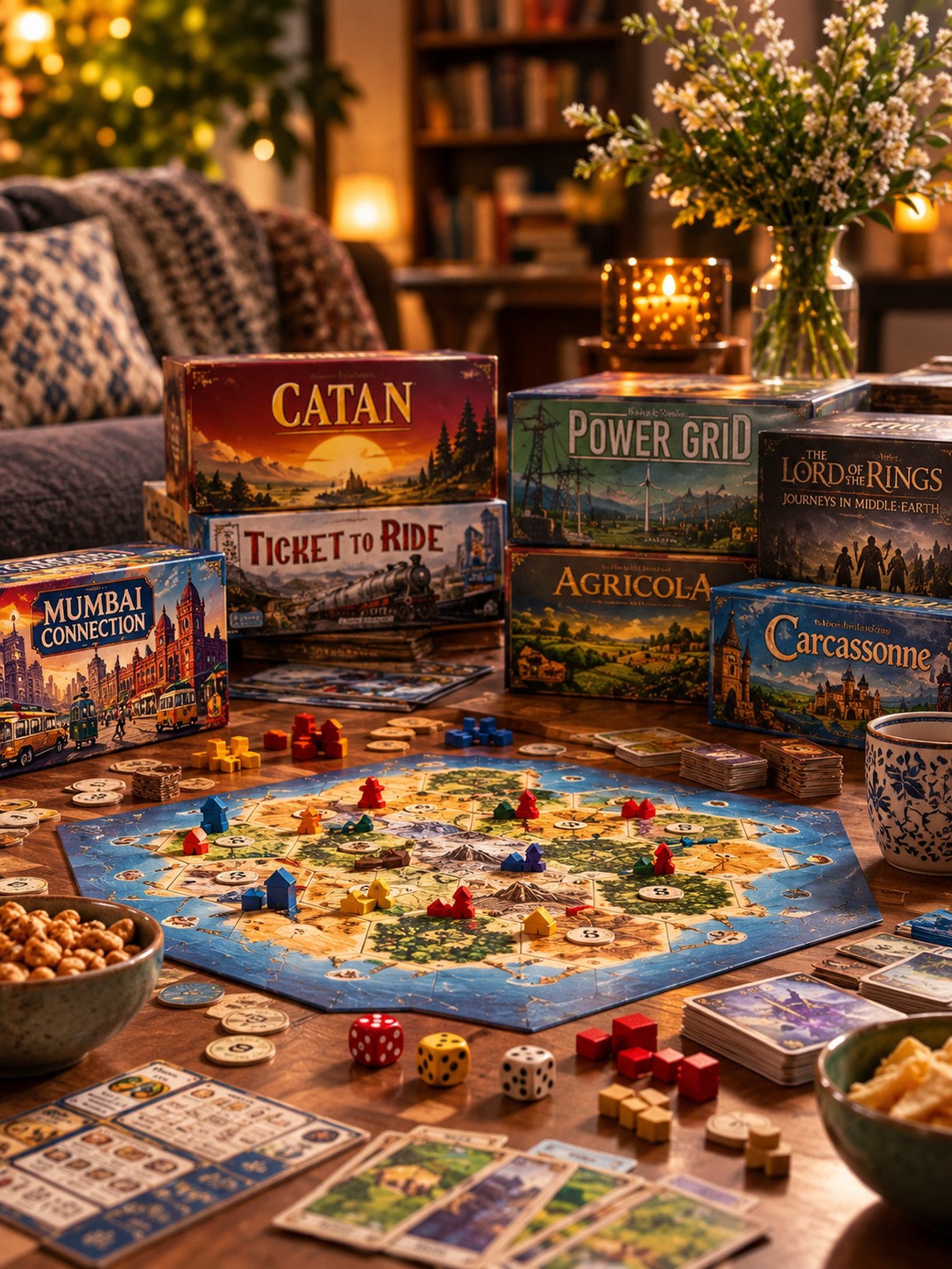 Board game boxes and a game set up mid-play, with pieces, dice and cards on a table