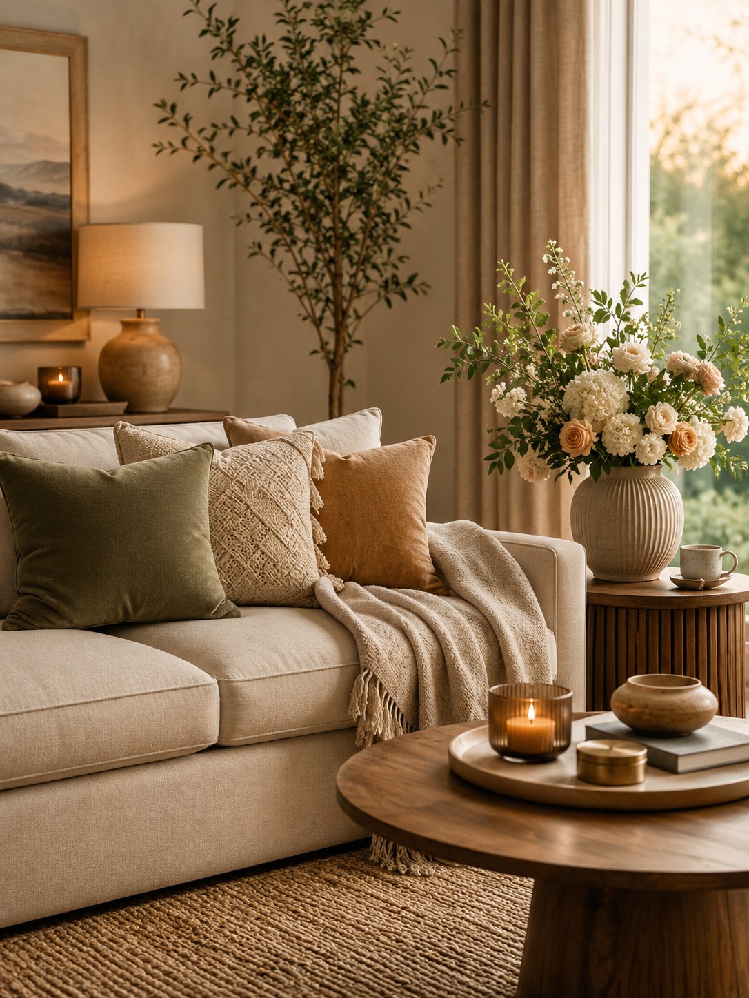 A warmly lit corner of a living room