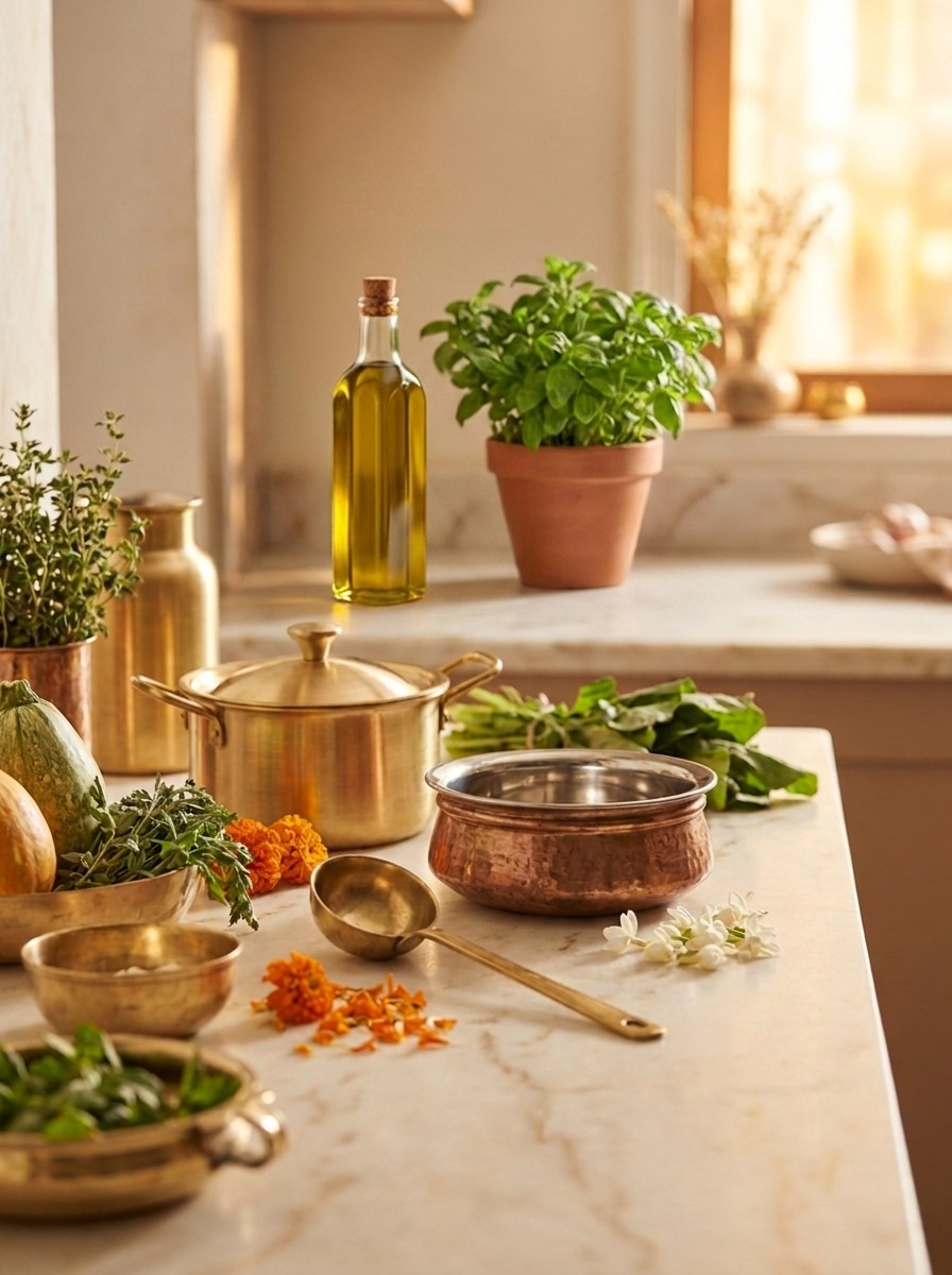 A kitchen counter with pans, knives and cooking things