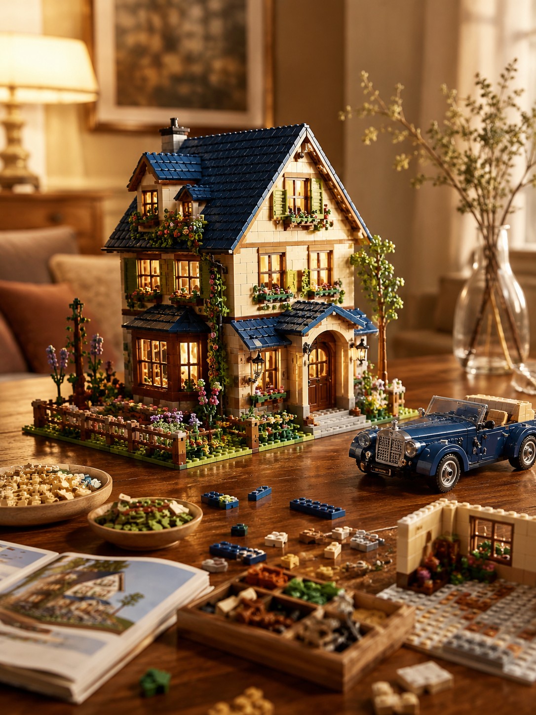 A detailed Lego house and classic car built from bricks on a table