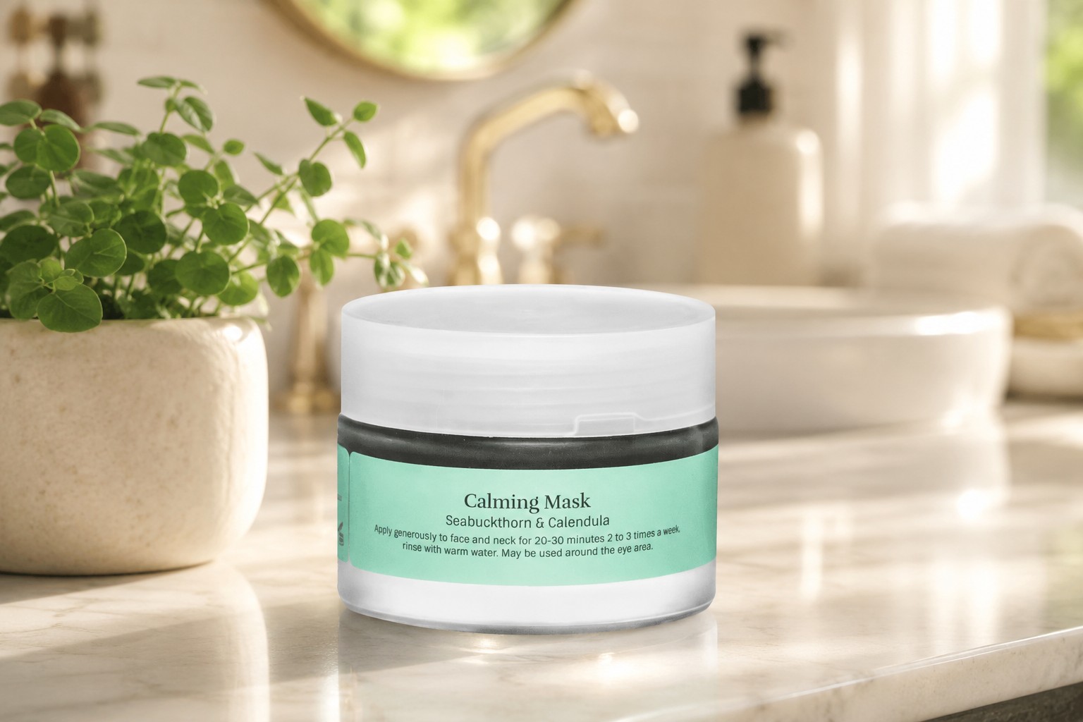 A jar of calming mask with seabuckthorn and calendula beside it