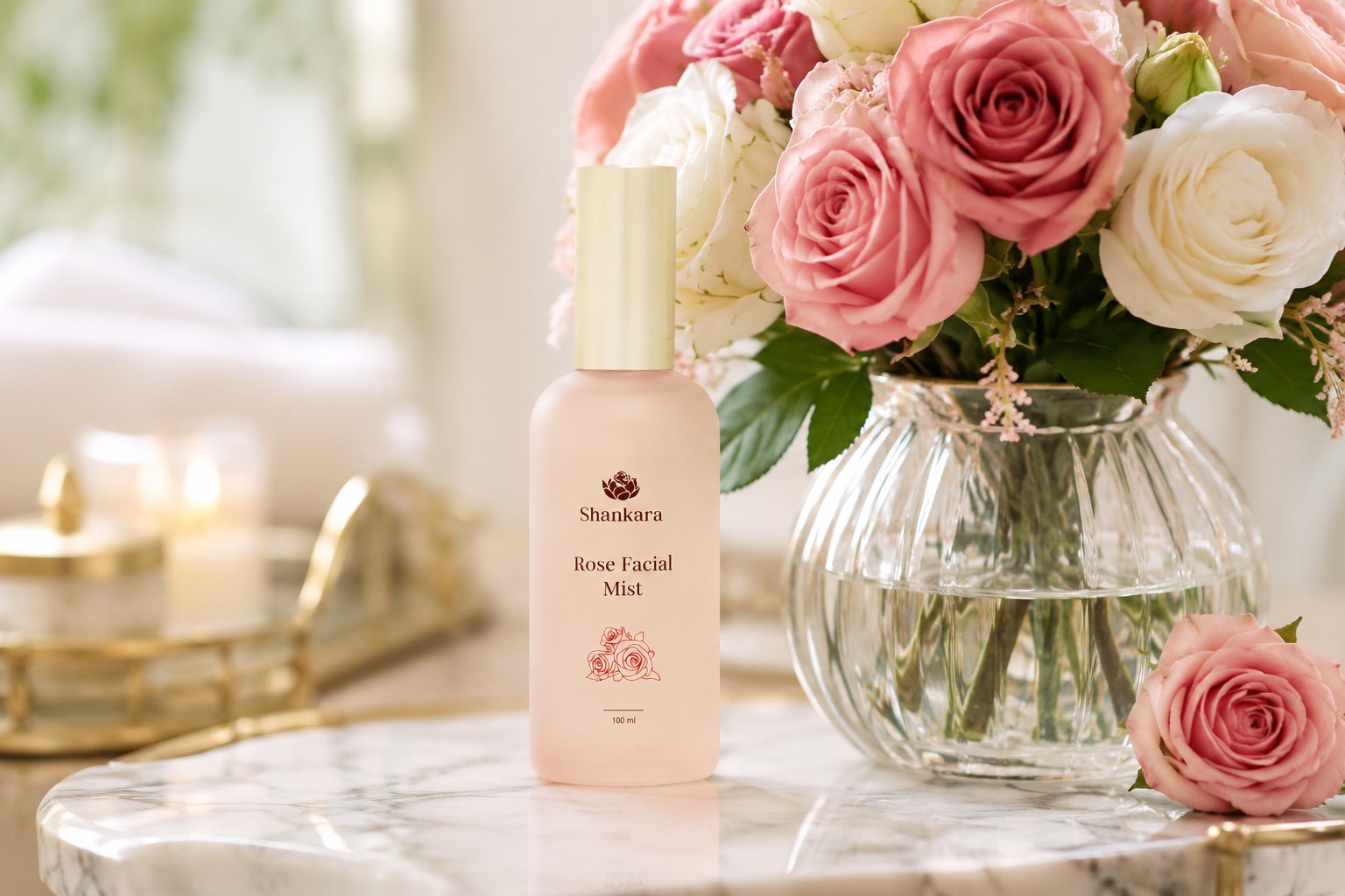 A rose facial mist bottle beside fresh rose petals